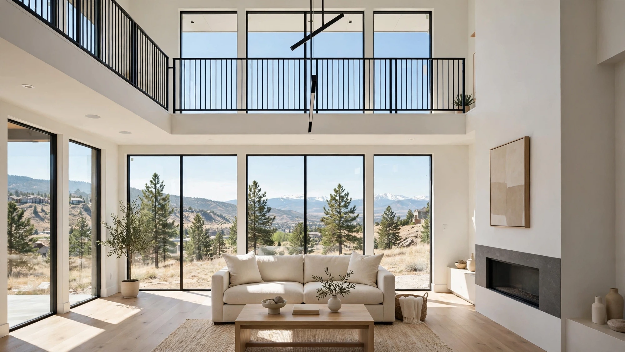 Light-filled modern Denver living room with mountain views